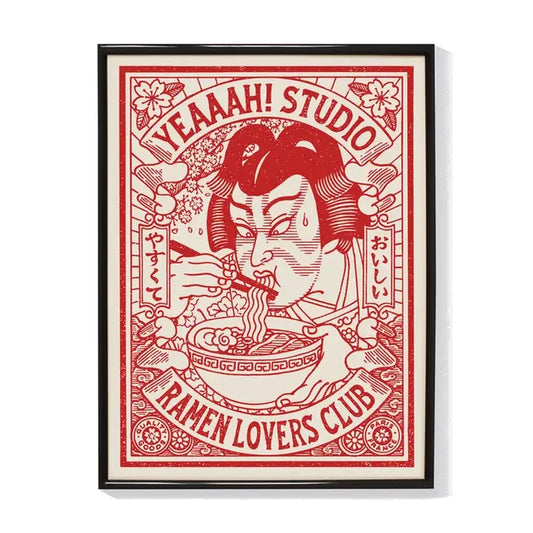 Ilustración en blanco y rojo de un actor de kabuki comiendo ramen con palillos con estilo tradicional japonés