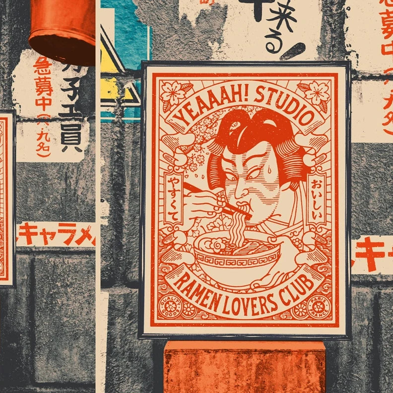 Ilustración grande en blanco y rojo de un actor de kabuki comiendo ramen con palillos con estilo tradicional japonés enmarcada 