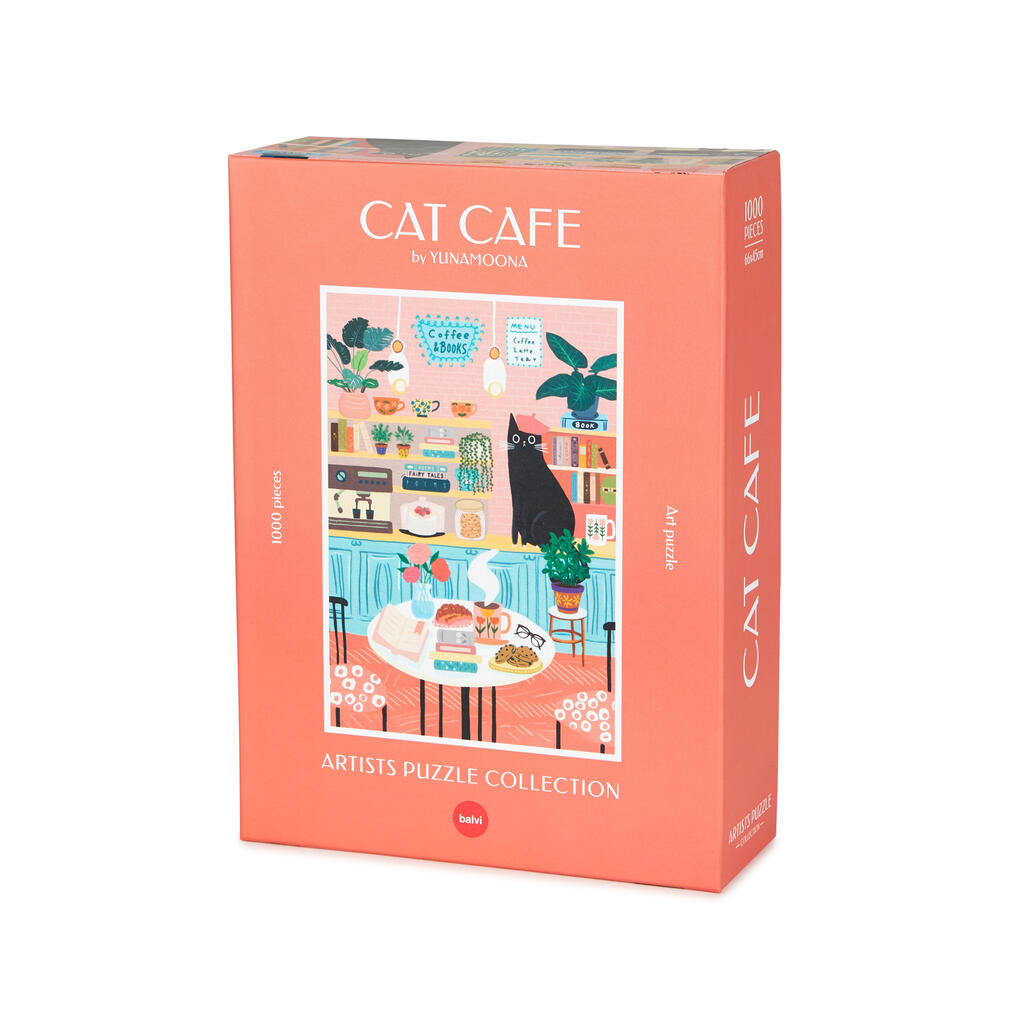Caja del puzzle de 1000 piezas con ilustración de un gato en una cafetería