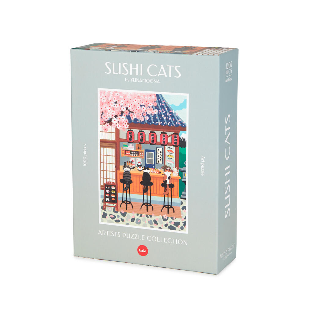 Caja del puzzle de 1000 piezas con ilustración de tres gatos comiendo sushi en un restaurante japonés