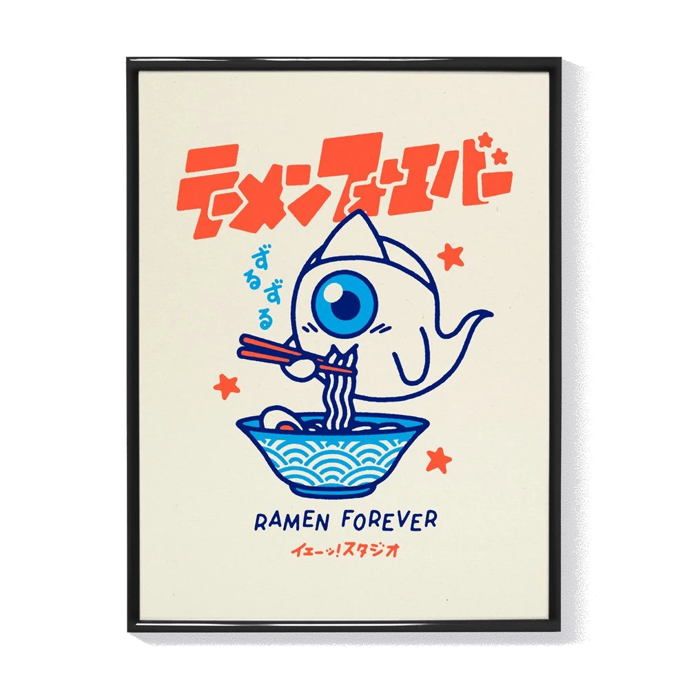 Ilustración enmarcada de un fantasma japonés comiendo ramen con palillos.