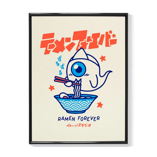 Ilustración enmarcada de un fantasma japonés comiendo ramen con palillos.