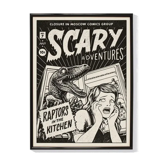 Ilustración en blanco y negro de un velocirraptor saliendo de una nevera y asustando a una chica que grita horrorizada