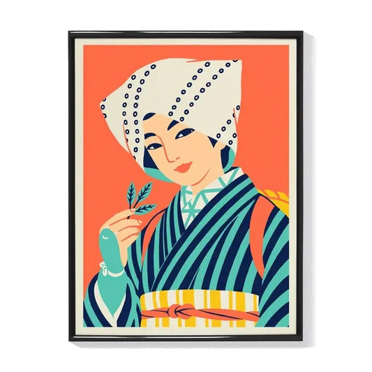 Ilustración de una recolectora de té vestida con el traje tradicional japonés.