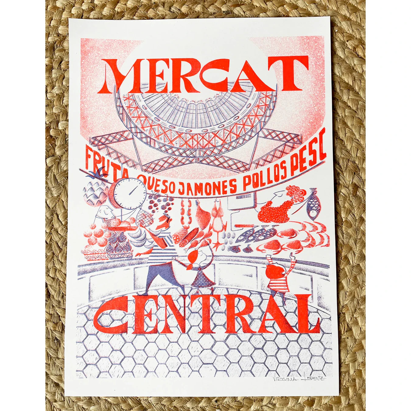 Print con el texto Mercat Central por atypical valencia en colores rojo y azul, con varios puestos del mercado y gente comprando