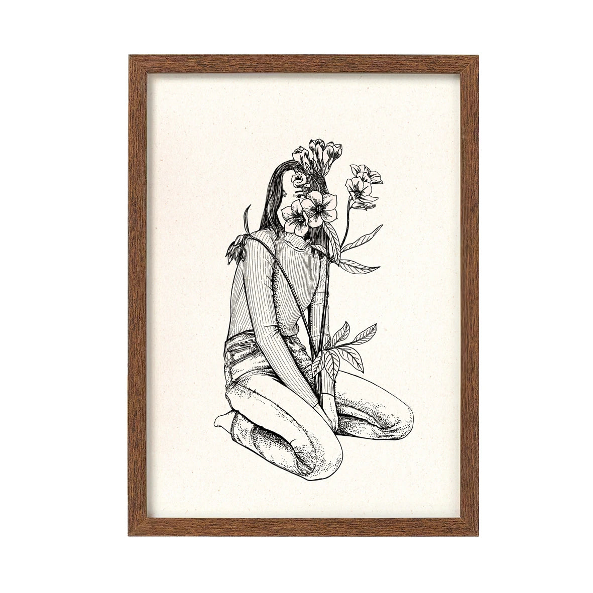 ilustración soft bloom de la artista Laura Agustí de una chica arrodillada con una planta florida saliendo de entre las piernas y tapándole media cara, enmarcada en un cuadro de color madera