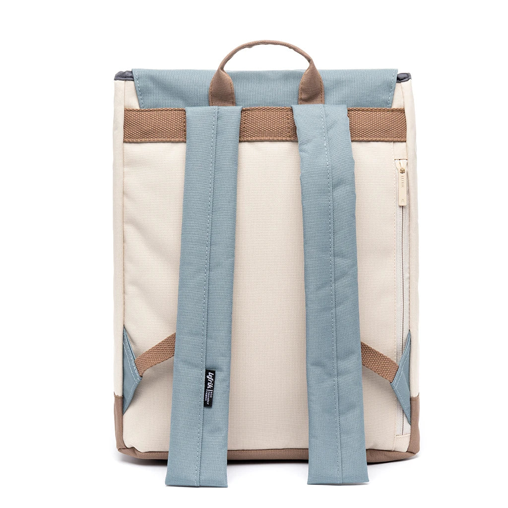 Parte trasera de la mochila grande de Lefrik con colores crema, marrón y azul