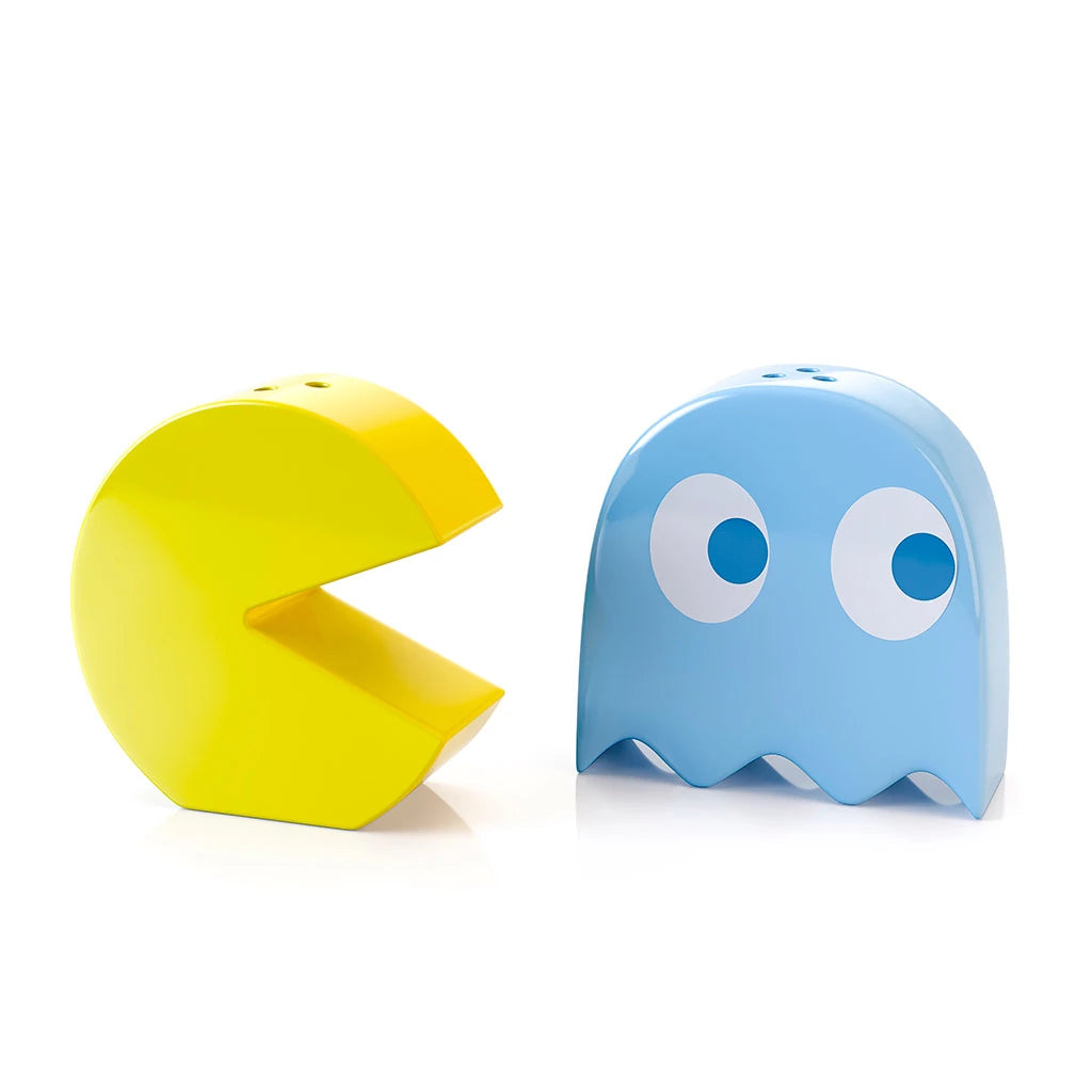 salpimentero de cerámica de pac man y el fantasma inky de color azul y amarillo