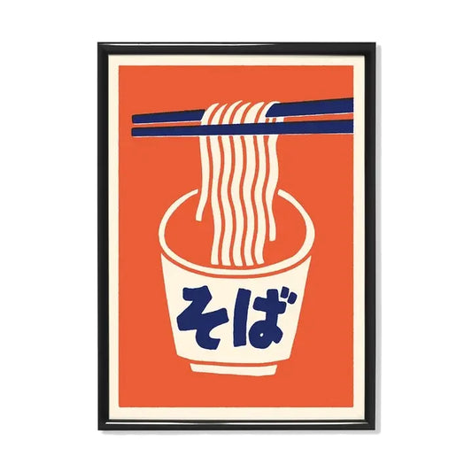 Cuadro con ilustracion de un bote de fideos de soba sujetados con palillos japoneses sobre fondo naranja