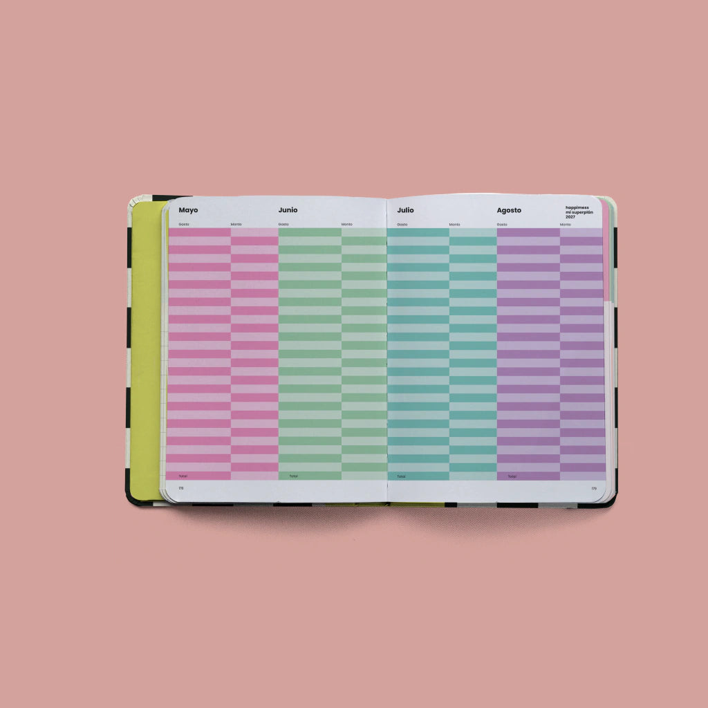 Interior de agenda Happimess Mi Superplán 2027 con vista trimestral de mayo, junio, julio y agosto en colores pastel rosa, verde menta, turquesa y lila