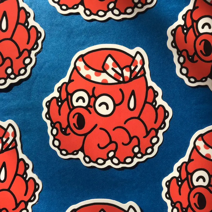 Pegatina con forma de pulpo rojo muy ocupado