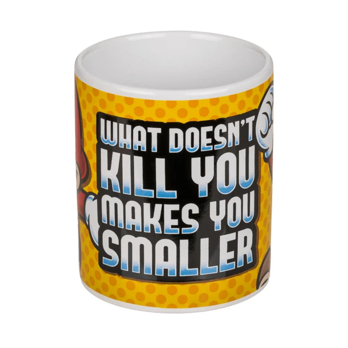 Taza oficial del videojuego Super Mario con la frase What doesn't kill you makes you smaller