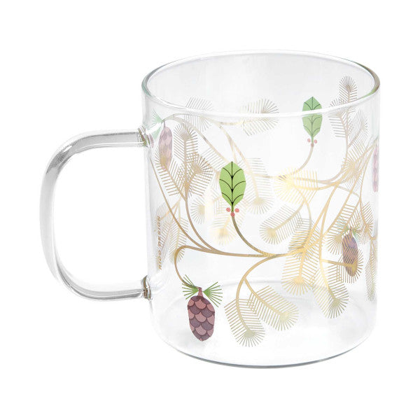 Taza de cristal con adornos navideños y florales en dorado