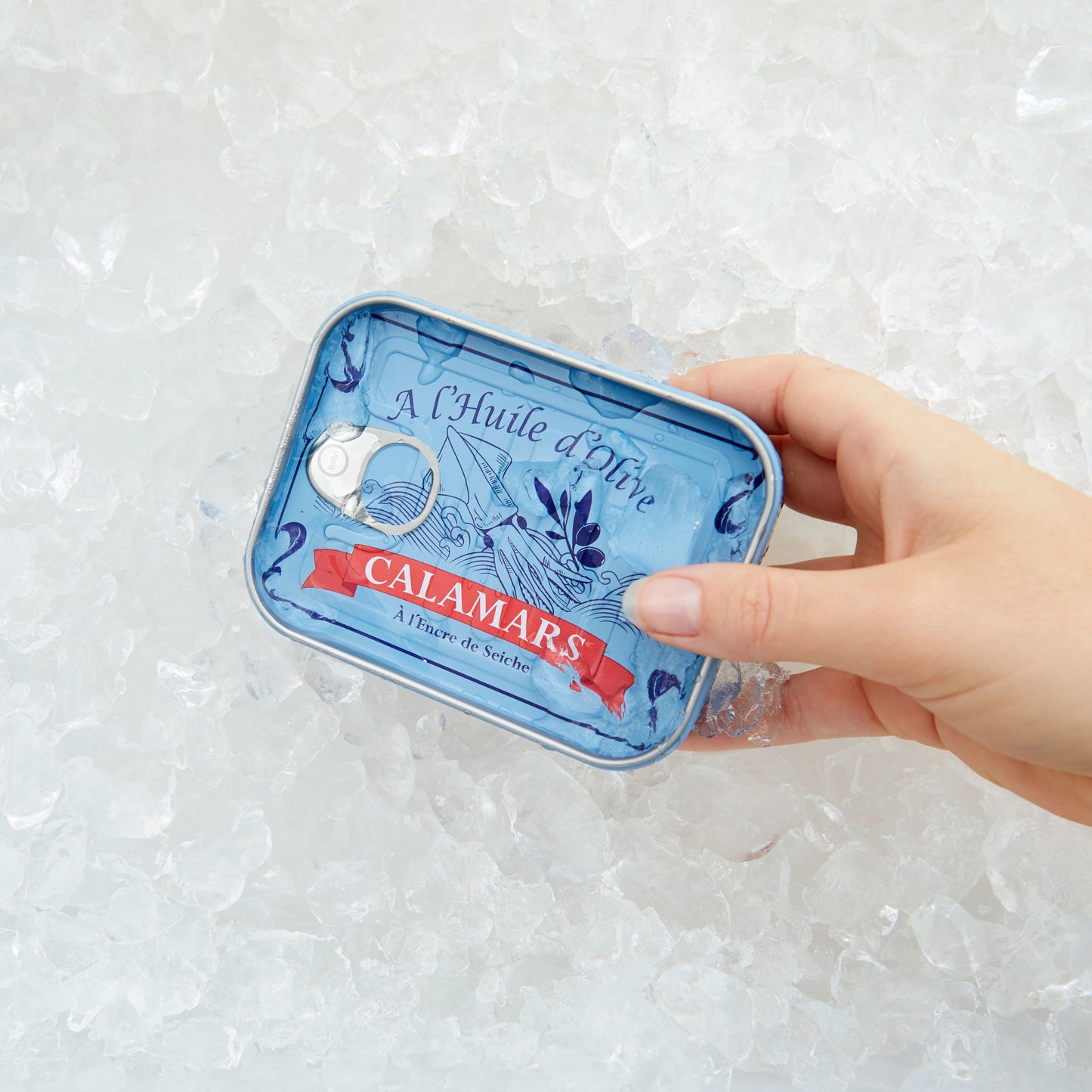 Lata de calamares con tenedores de aperitivo sobre una cama de hielo