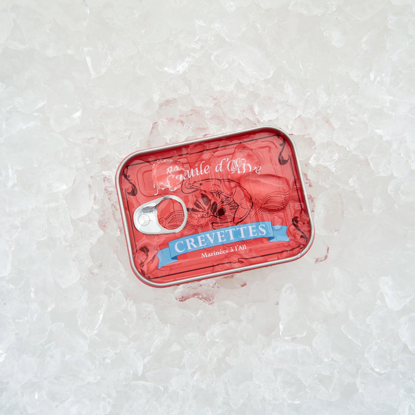 Juego de 6 tenedores de aperitivo con forma de gambas presentados en una lata de conservas de metal roja