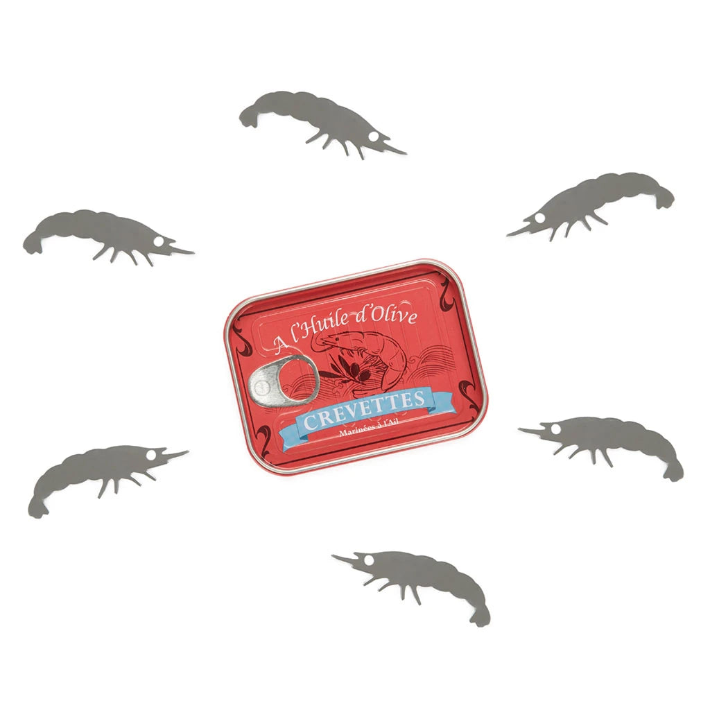 Juego de 6 tenedores de aperitivo con forma de gambas presentados en una lata de conservas de metal roja