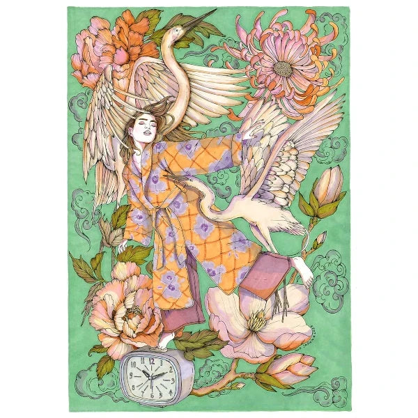 Ilustración de Ana Jarén de una chica en pijama y bata saliendo del despertador con el fondo de flores gigantes y flamencos y garzas