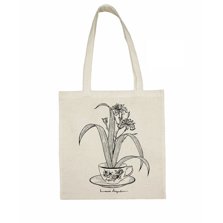 Tote bag de tela cruda con ilustración de Laura Agustí de una taza de porcelana de la que sale una planta