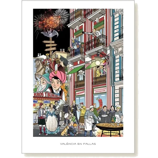 Ilustración de una calle de Valencia en Fallas con una gran Falla y fuegos artificiales de fondo, gente haciendo paella en la calle, puestos de churros y buñuelos, bandas de música, tiendas de petardos y falleros paseando