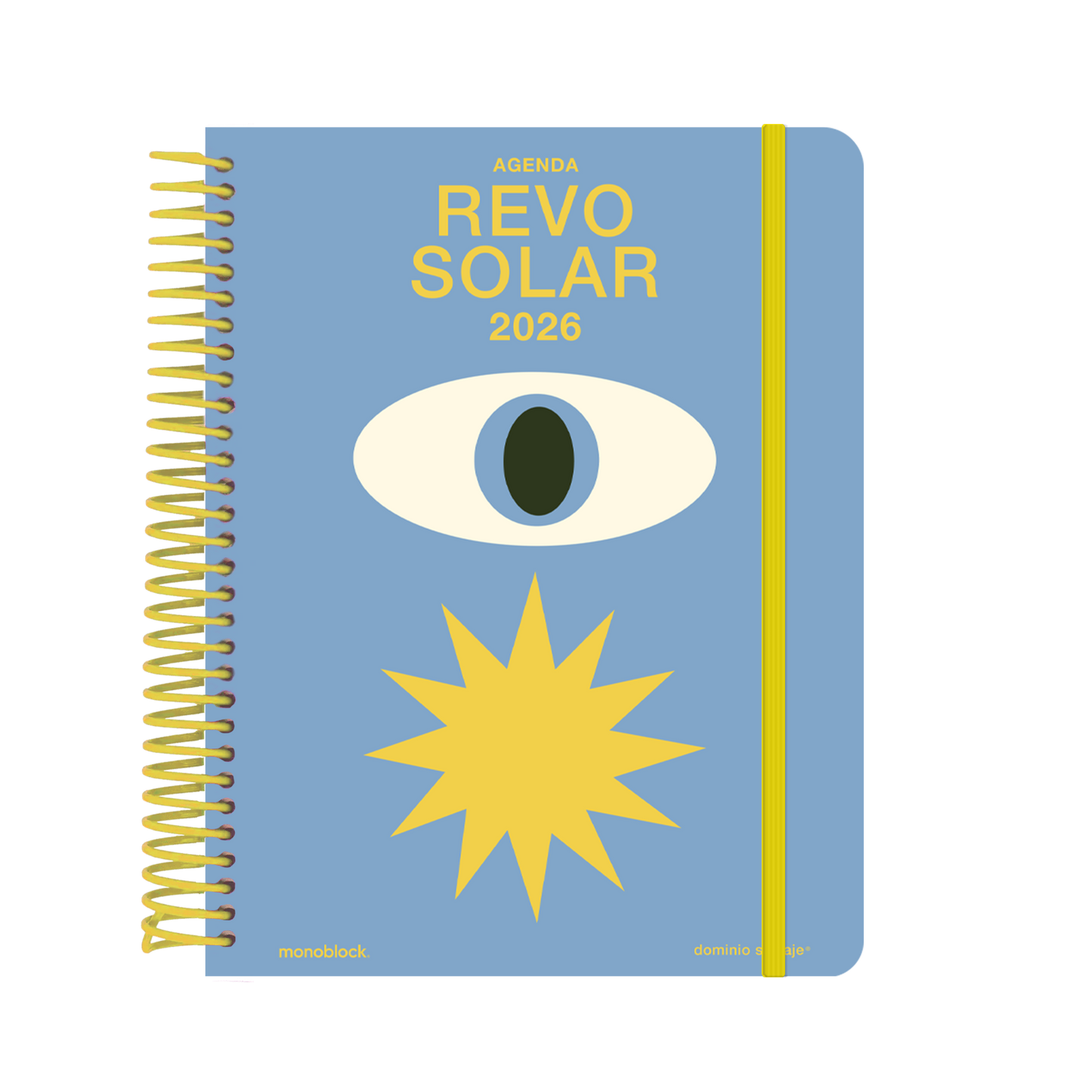 Portada de la agenda de Dominio Salvaje Revo Solar para 2026 con ilustración de un gran ojo sobre fondo azul