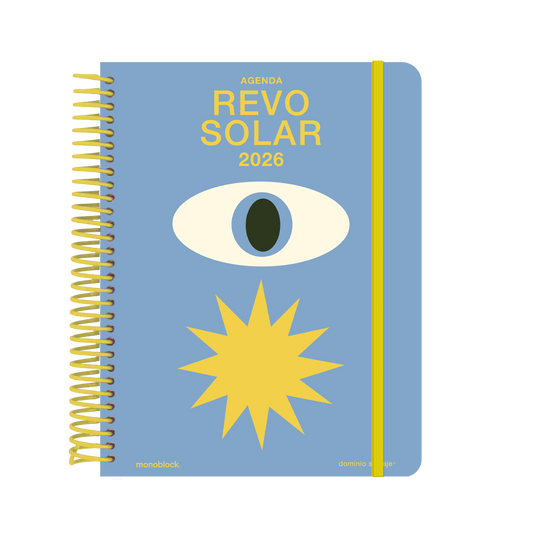 Portada de la agenda de Dominio Salvaje Revo Solar para 2026 con ilustración de un gran ojo sobre fondo azul