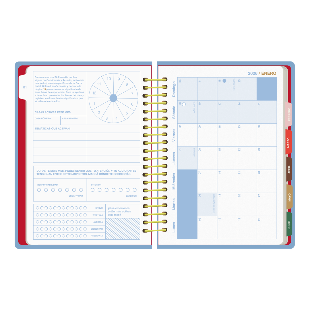 Páginas interiores de la agenda de Dominio Salvaje Revo Solar para 2026 con calendario mensual y gráficos rellenables