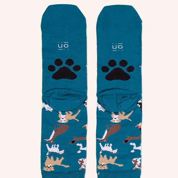Calcetines amor perruno azules con perritos diferentes dibujados parte de la planta