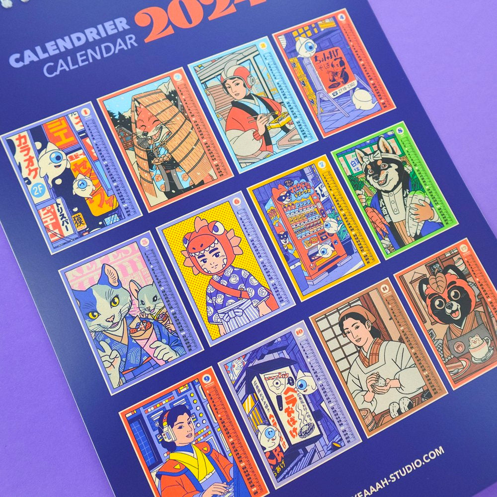 Parte de atrás del calendario de Yeahhh Studio con miniaturas de todas las ilustraciones