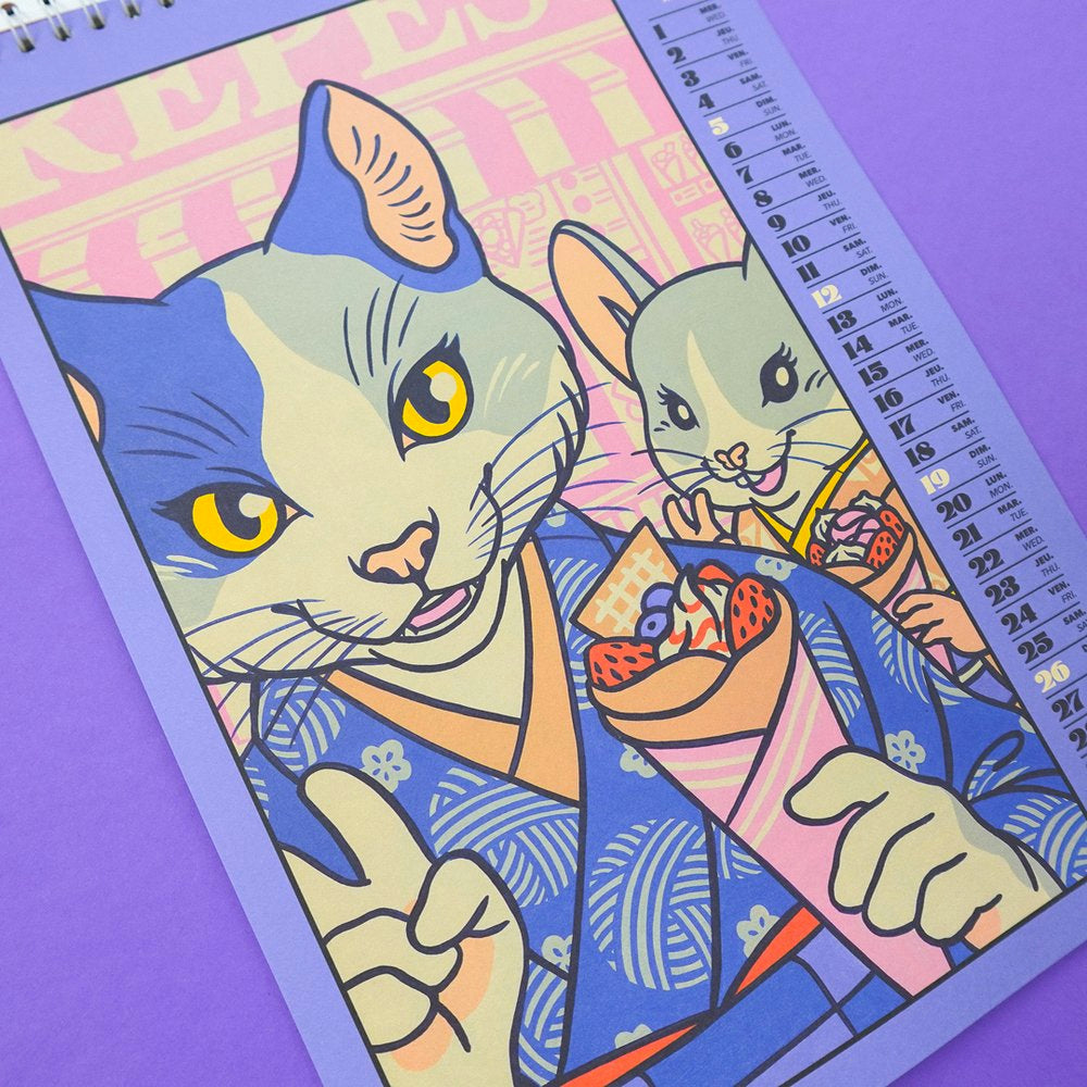 Lámina del calendario de Yeahhh Studio de un gato y un ratón con kimonos japoneses comiendo conos de fruta