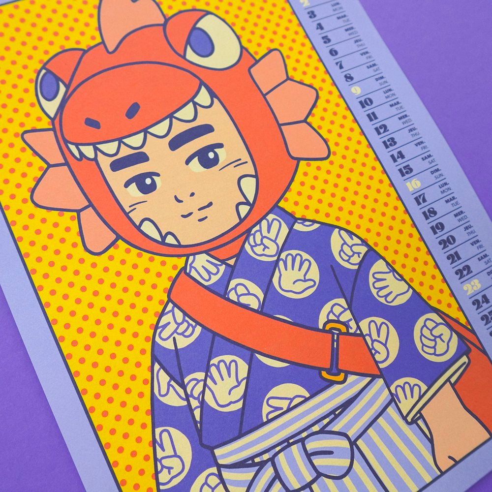 Lámina del calendario de Yeahhh Studio de un niño vestido con kimono con casco de cabeza de pez