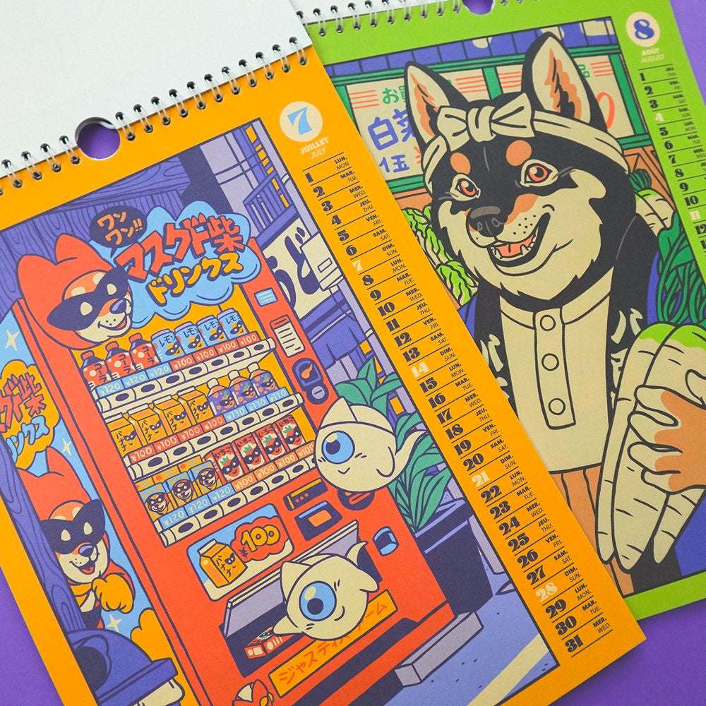 Láminas del calendario de Yeahhh Studio para julio y agosto con ilustraciones de un lobo con nabos daikon y fantasmitas mirando una máquina de vending