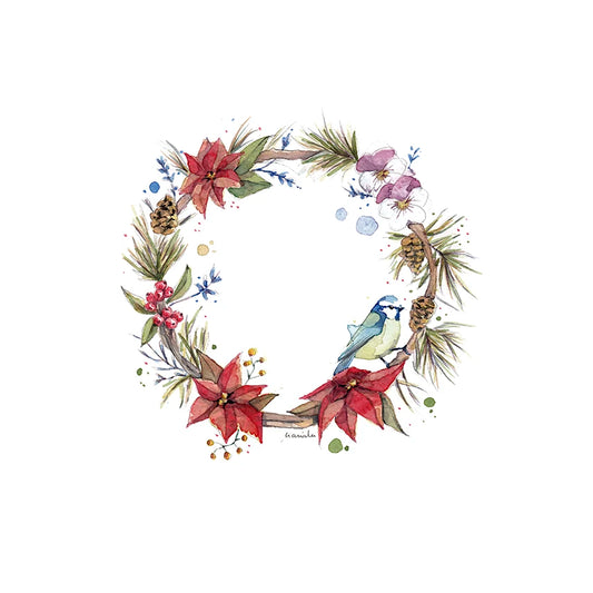 Acuarela con ilustración de una corona de flores invernales con flores y frutos de la artista Marialu con un pájaro posada sobre ella