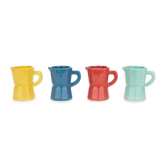 Juego de cuatro tazas de café expreso solo de cerámica de diferentes colores: azul, rojo, amarillo y turquesa