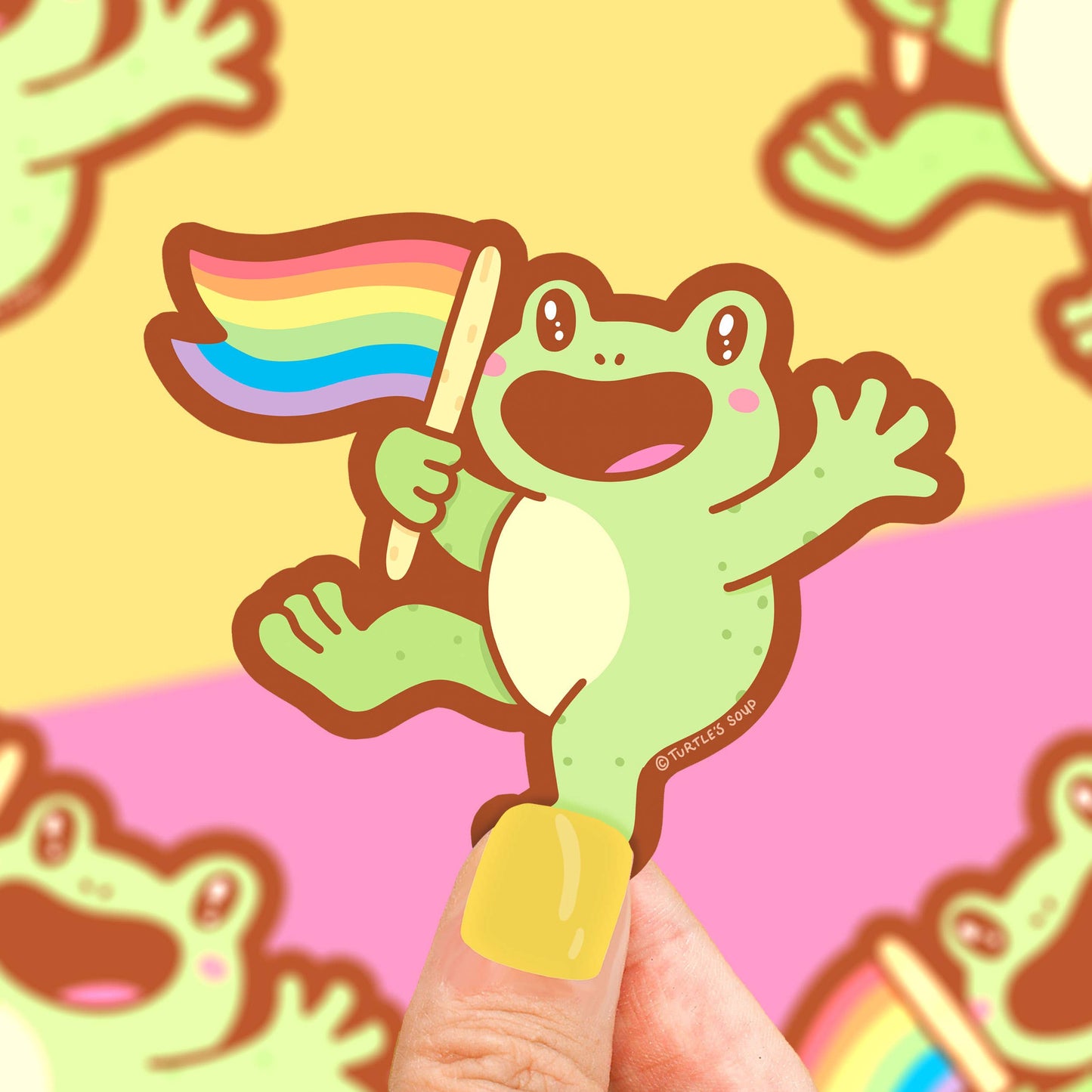 Pegatina con forma de rana ondeando una bandera del orgullo LGTBIQ+