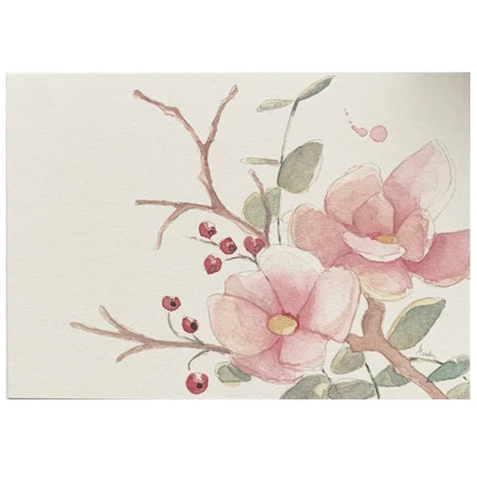 postal de flores navideñas en color rosa y con una ramita