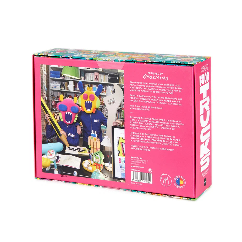 parte de atrás de la caja del puzzle food trucks en color rosa con una descripción de brosmind y una foto graciosa