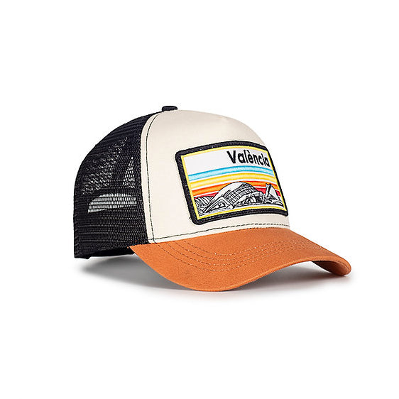 Gorra València Blanca y Naranja con ilustración bordada de la ciudad de las artes y de las ciencias