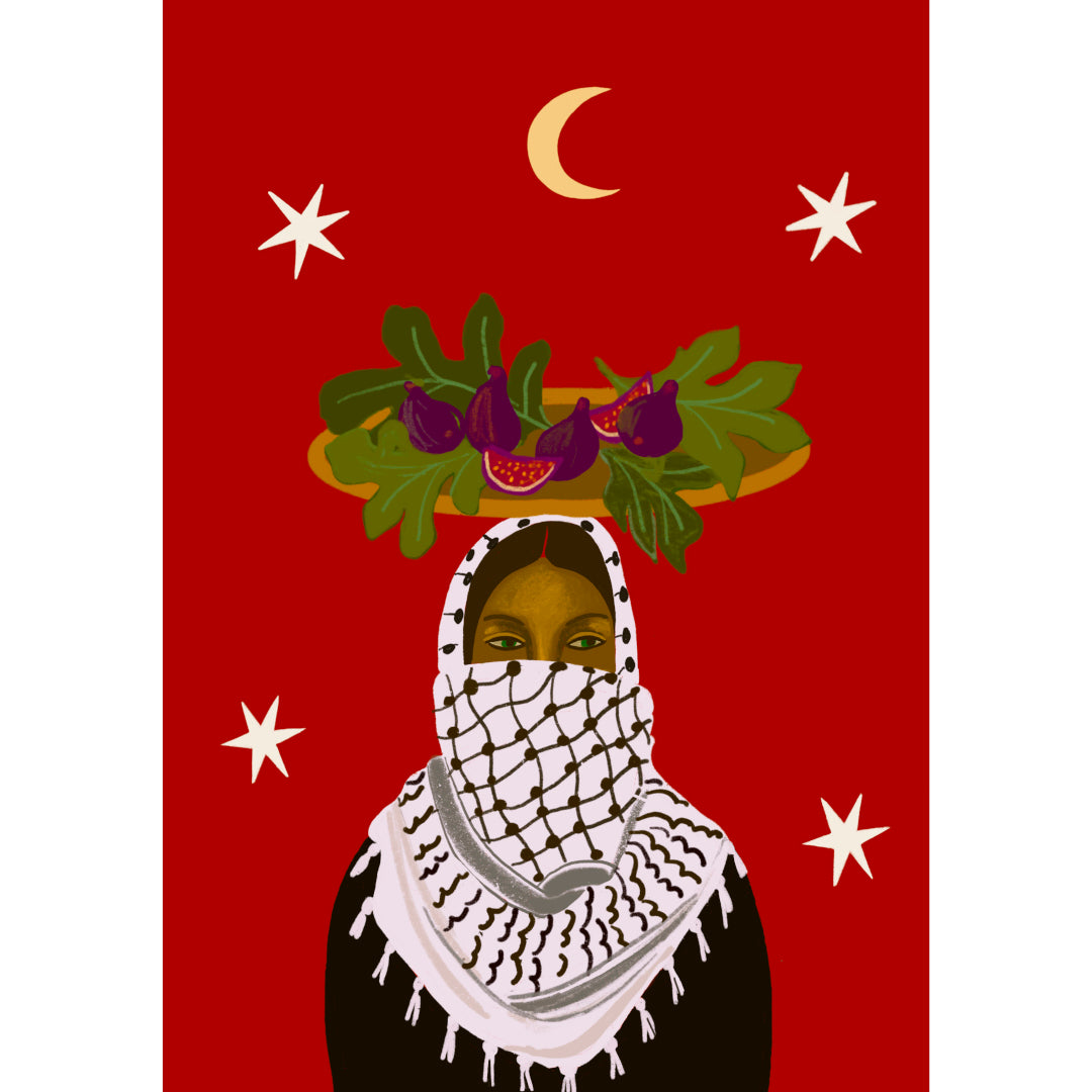 mujer con pañuelo palestino y con plato de higos encima de la cabeeza