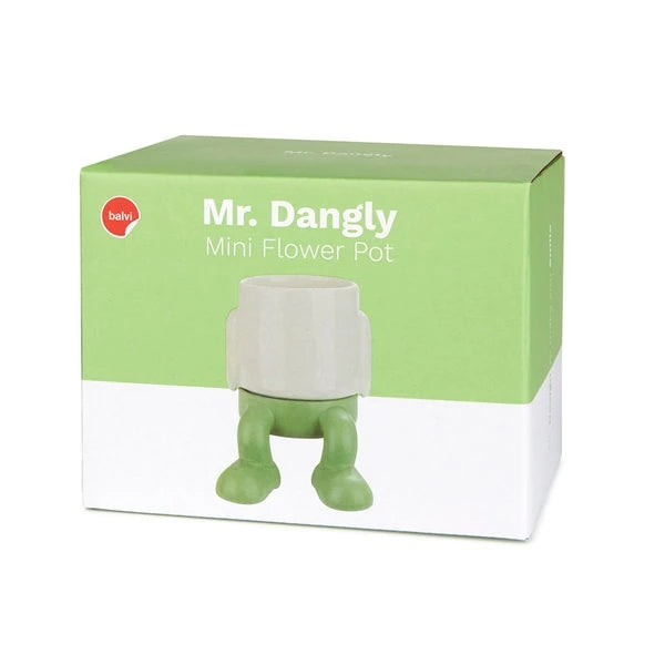 caja de la maceta Mr.Dangly mini flower pot para plantas con la parte de arriba de la caja verde y la de abajo blanca, y una foto de la maceta