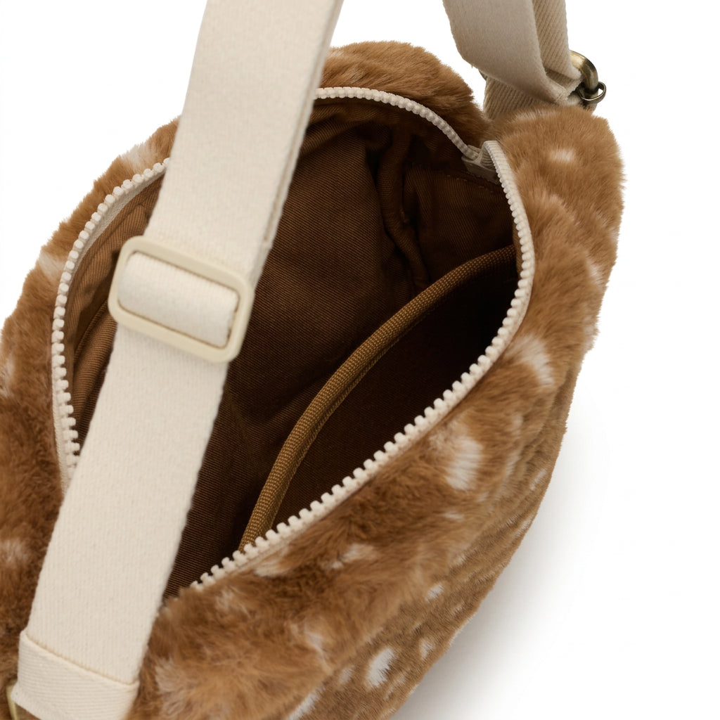 Interior de la bandolera Nino de Hindbag, con forro marrón, bolsillo abierto y cierre superior de cremallera.