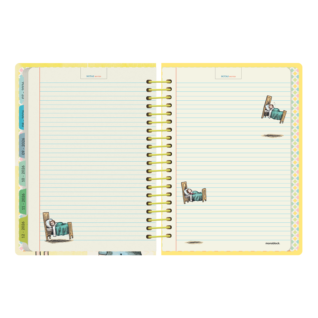Doble página para notas de la agenda semanal 2026 Frase Célebre de Macanudo por el ilustrador Liniers