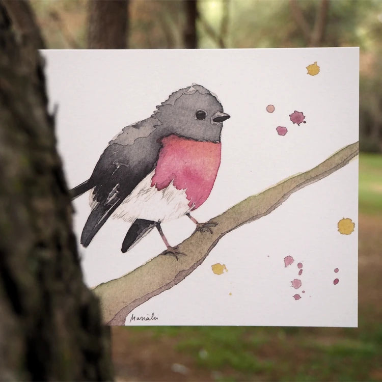 ilustración en acuarela de un pájaro Rose Robin que está posado sobre una rama,con el pecho rojo y el resto negro, de la artista Marialu, con un fondo de bosque como si la rama de la ilustración saliera del árbol real