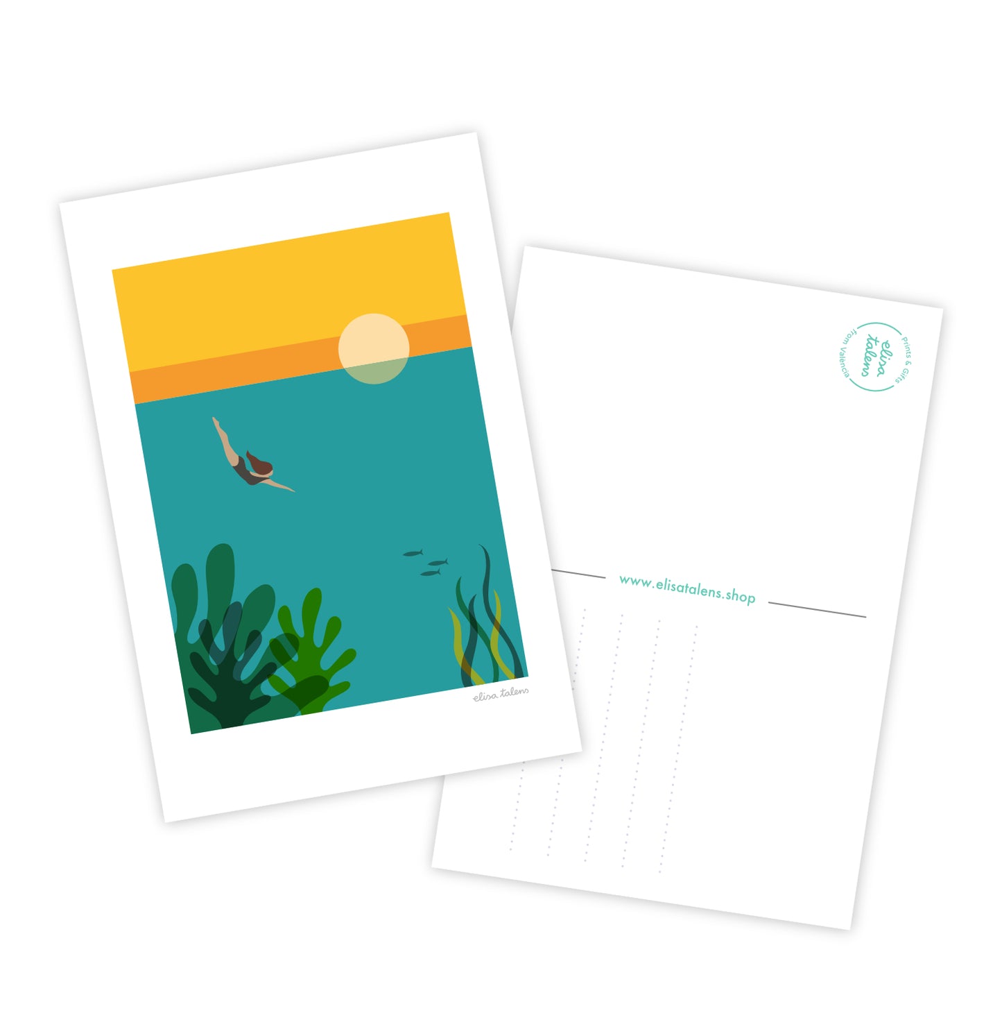 Parte frontal y trasera de una ilustración de una mujer bucenado en el agua con la puesta de sol detrás de Elisa Talens.