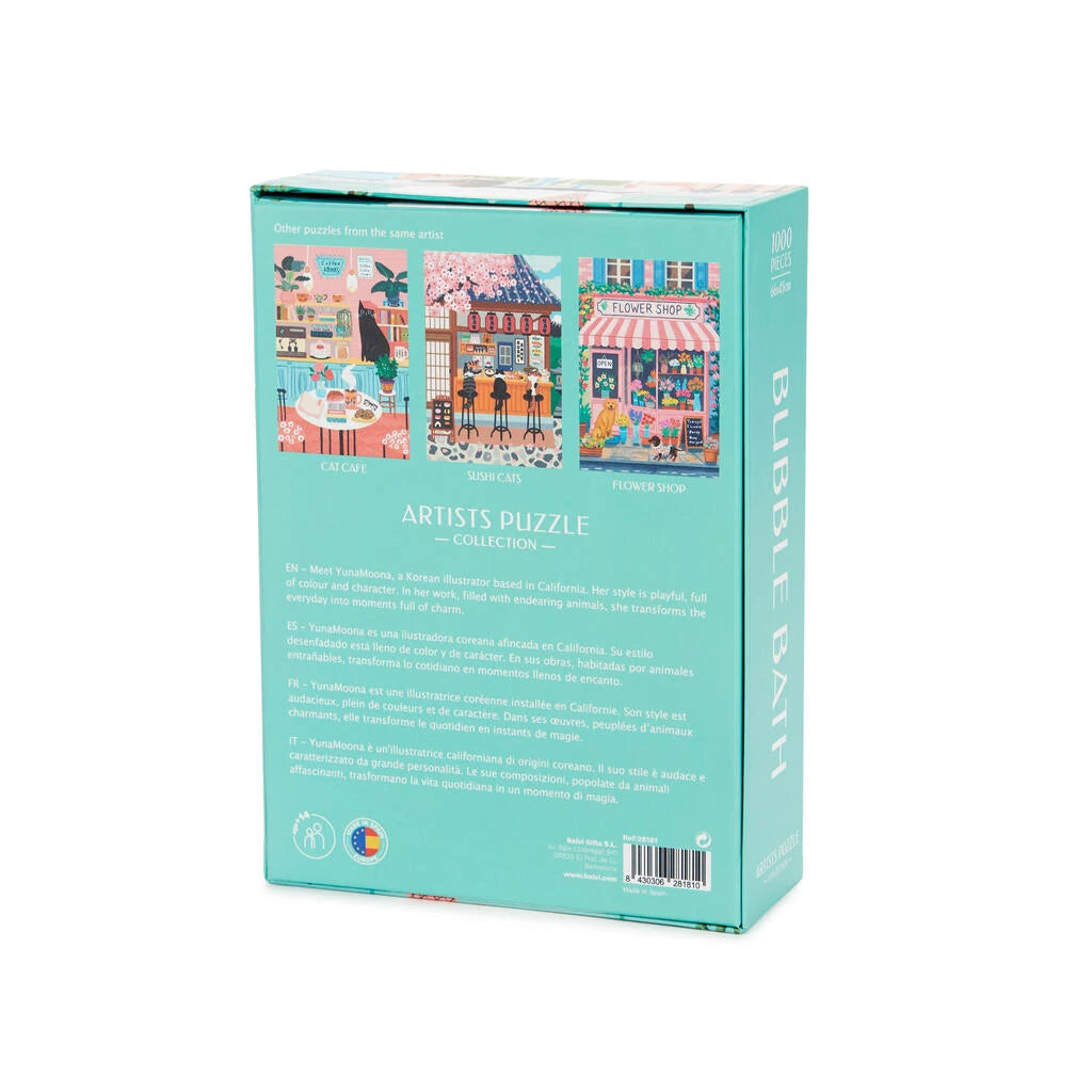 parte de detrás de la caja del puzzle de 1000 piezas de un perro salchicha tomando un baño de burbujas en una cocina