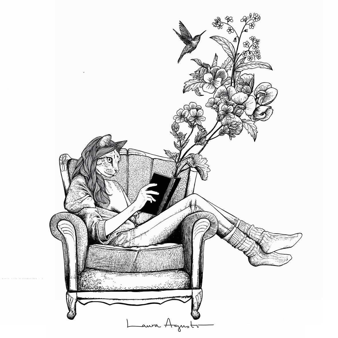 dibujo de una chica con cara y orejas de gato sentada en un sofá y leyendo un libro mientras flores y plantas brotan del libro