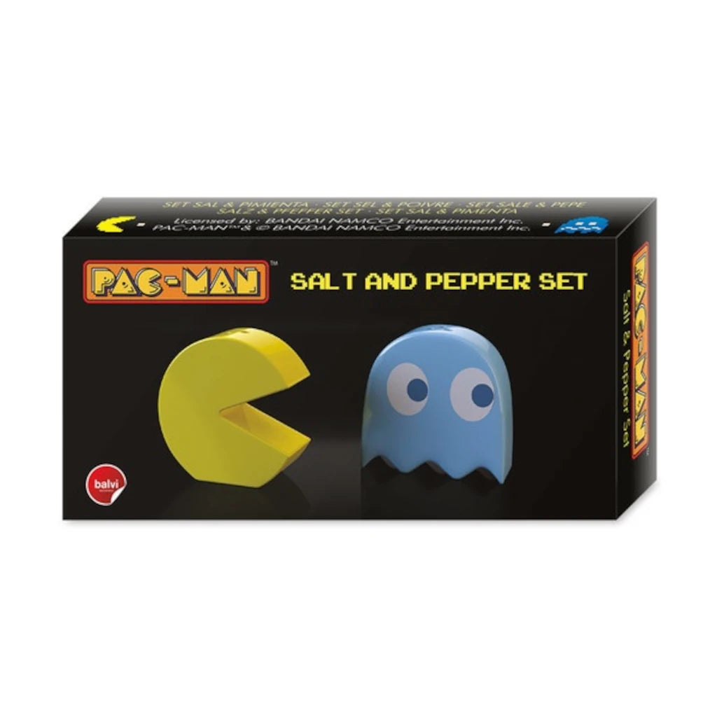 detalle de la caja del conjunto de salero y pimentero de pac-man, de color amarillo y azul con la caja negra