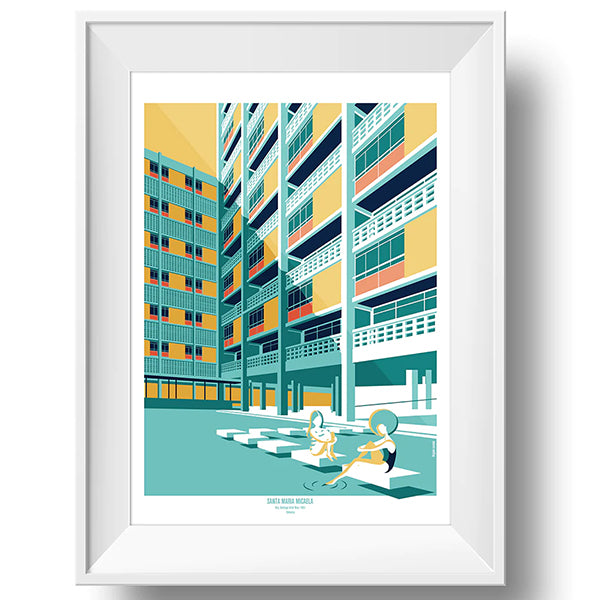 Ilustración enmarcada del edificio de viviendas en Valencia Santa María Micaela