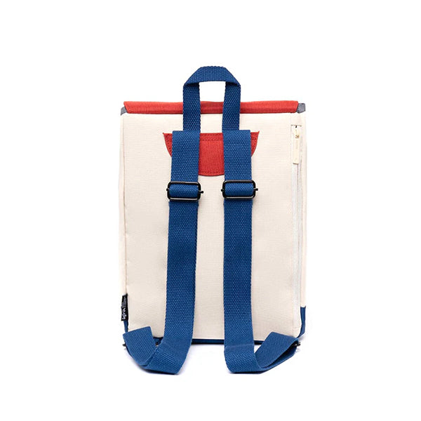 Vista trasera de Mochila scout mini Bauhaus de Lefrik con color teja, crema y azul y las tiras en azul
