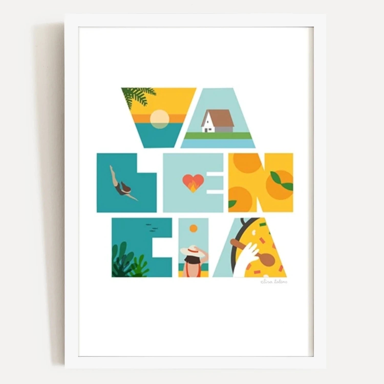 Ilustración con las letras de valencia llenas de elementos típicos como naranjas, playa, paella o barracas. Enmarcada en cuadro blanco