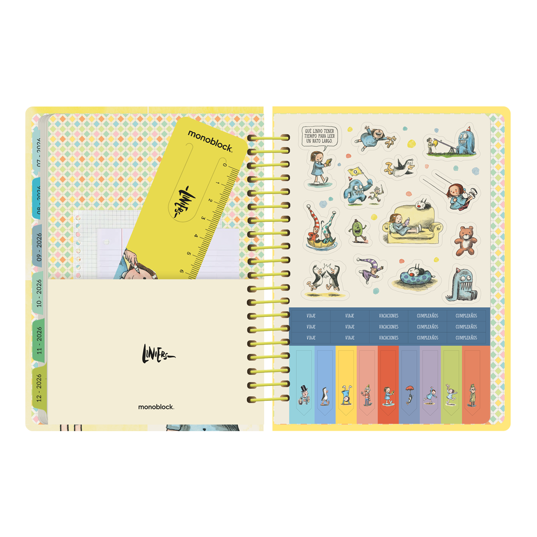 Stickers y bolsillo interior en la agenda semanal 2026 Frase Célebre de Macanudo por el ilustrador Liniers